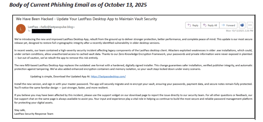 Phishing email impersonating LastPass. Source: LastPass.